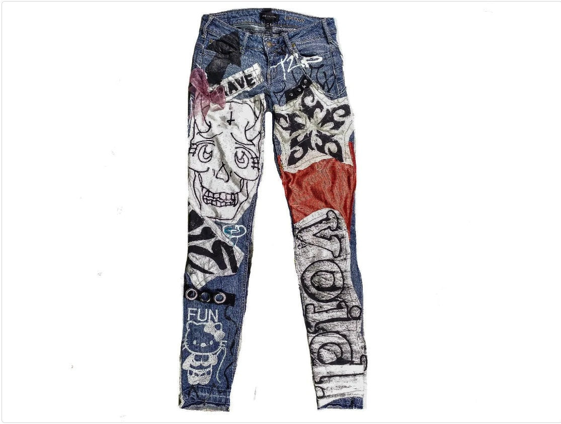 27" Unique Handmade Jeans Custom scene rave punk rock goth emo metal cyberpunk tribal symbol graphic print crust cool fantasy festival y2k