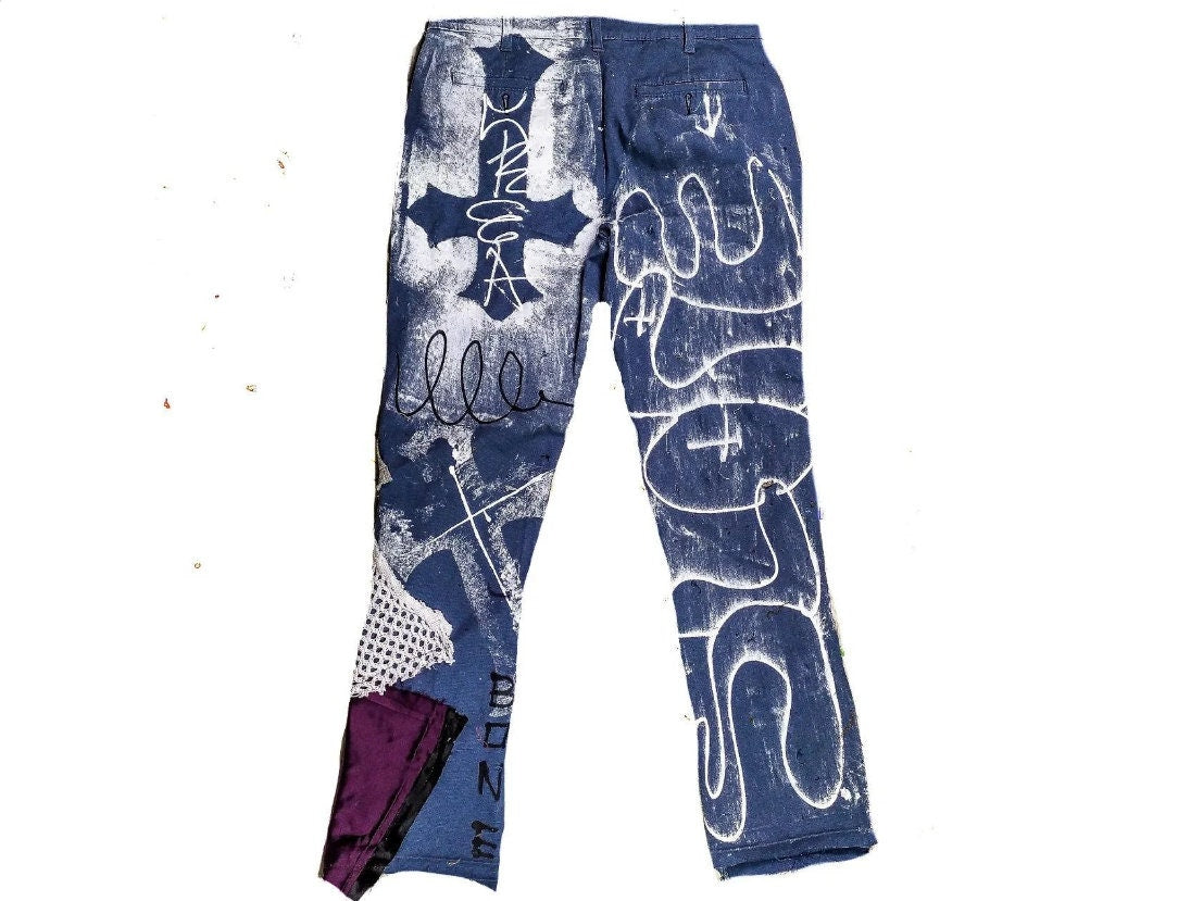 34" Unique Handmade Jeans Custom scene rave punk rock goth emo metal cyberpunk tribal symbol graphic print crust cool fantasy festival y2k