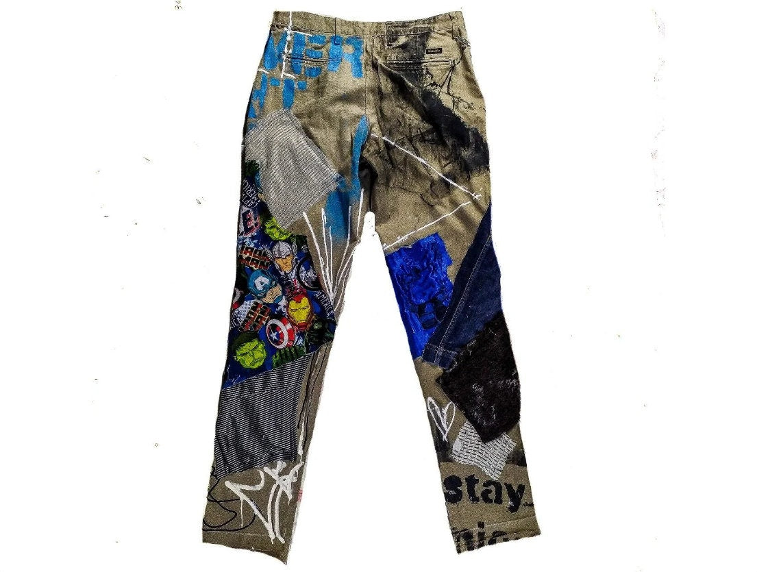 34" Unique Handmade Jeans Custom scene rave punk rock goth emo metal cyberpunk tribal symbol graphic print crust cool fantasy festival y2k