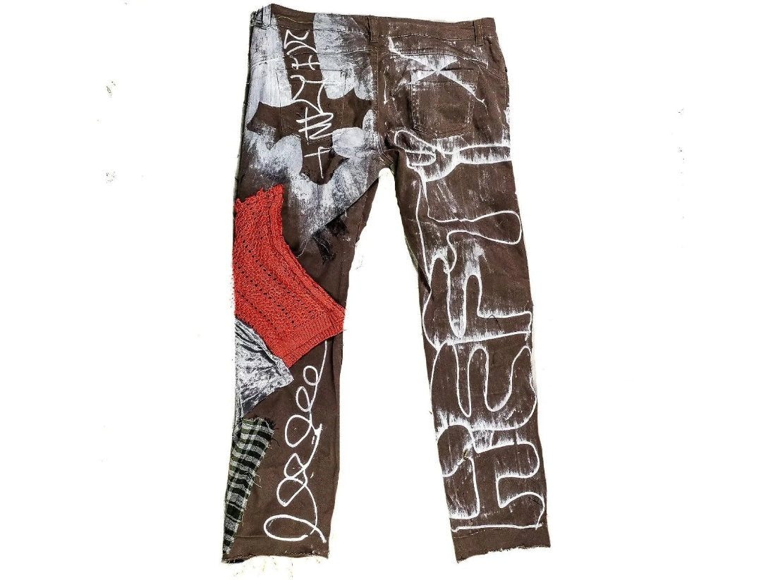 33" Unique Handmade Jeans Custom scene rave punk rock goth emo metal cyberpunk tribal symbol graphic print crust cool fantasy festival y2k