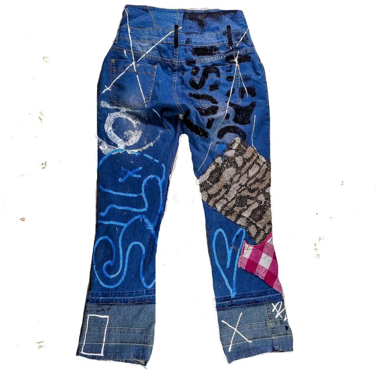 29" Unique Handmade Jeans Custom scene rave punk rock goth emo metal cyberpunk tribal symbol graphic print crust cool fantasy festival y2k