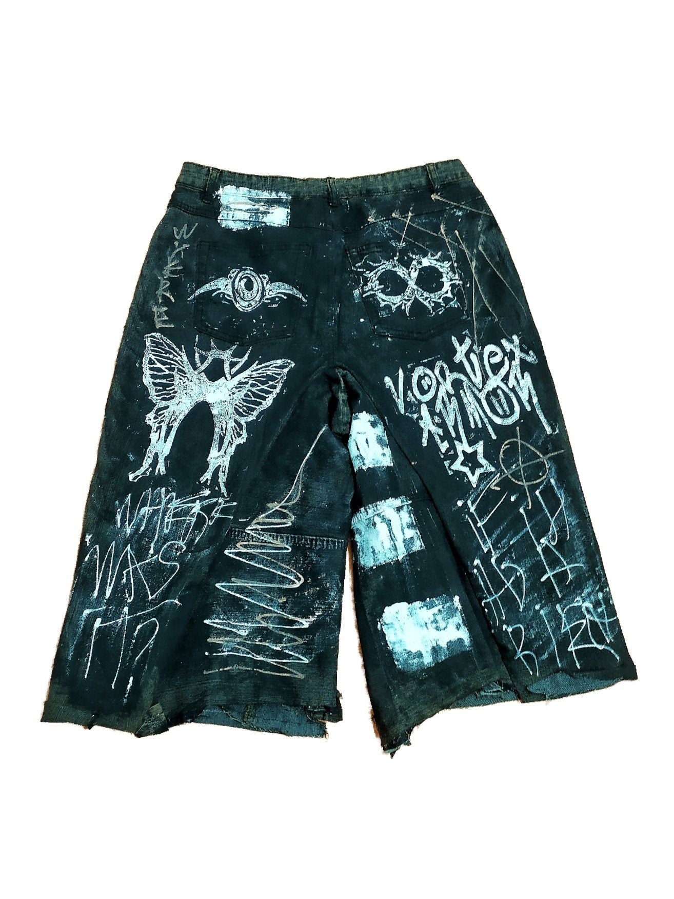 30" Baggy Unique Shorts Handmade Custom punk rock goth emo metal cyber dark tribal symbol graphic cool rave fantasy festival jeans jorts