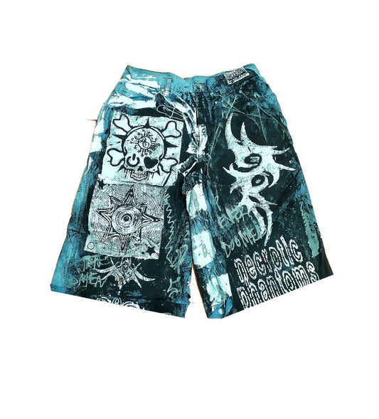 29" Baggy Unique Shorts Handmade Custom punk rock goth emo metal cyber dark tribal symbol graphic cool rave fantasy festival jeans jorts