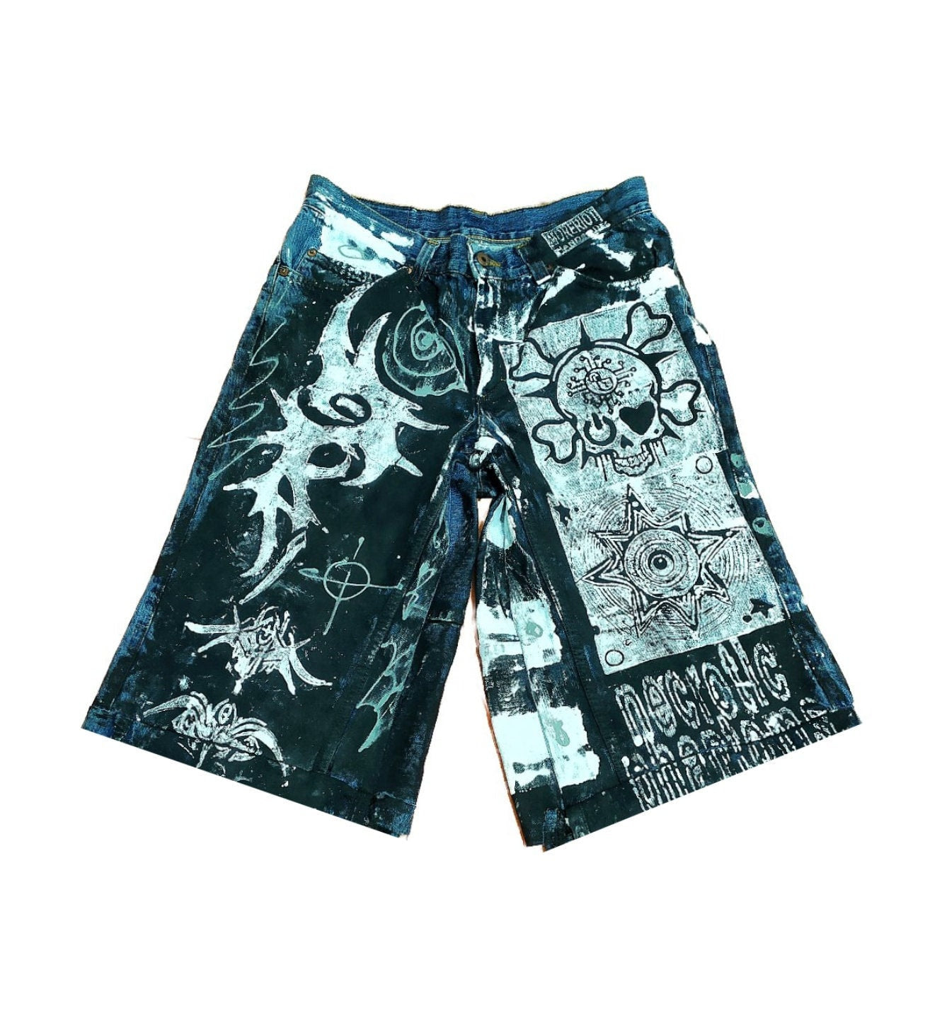 33" Baggy Unique Shorts Handmade Custom punk rock goth emo metal cyber dark tribal symbol graphic cool rave fantasy festival jeans jorts