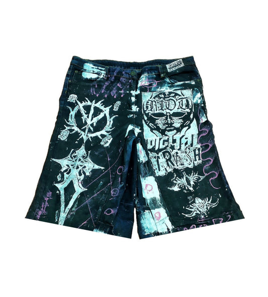 39" Baggy Unique Shorts Handmade Custom punk rock goth emo metal cyber dark tribal symbol graphic cool rave fantasy festival jeans jorts