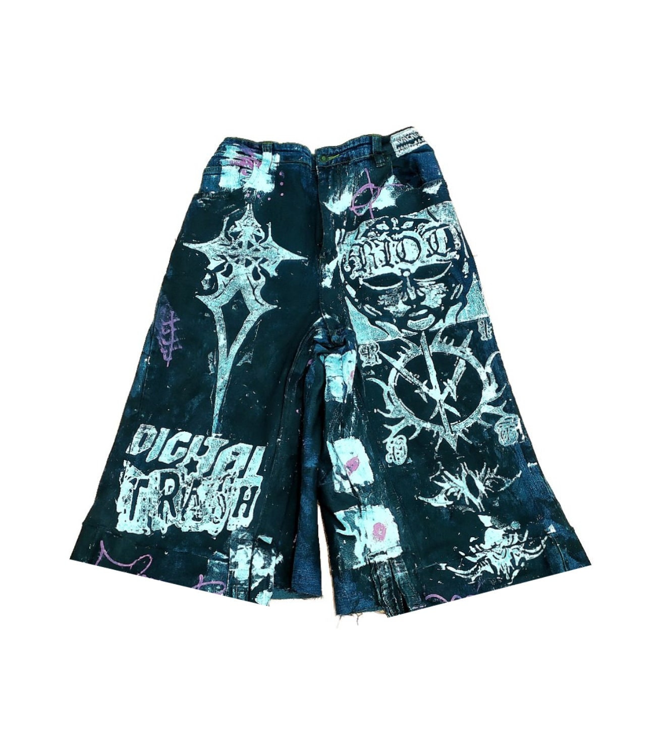 26"-29" Baggy Unique Shorts Handmade Custom punk rock goth emo metal cyber dark tribal symbol graphic cool rave fantasy festival jeans jorts