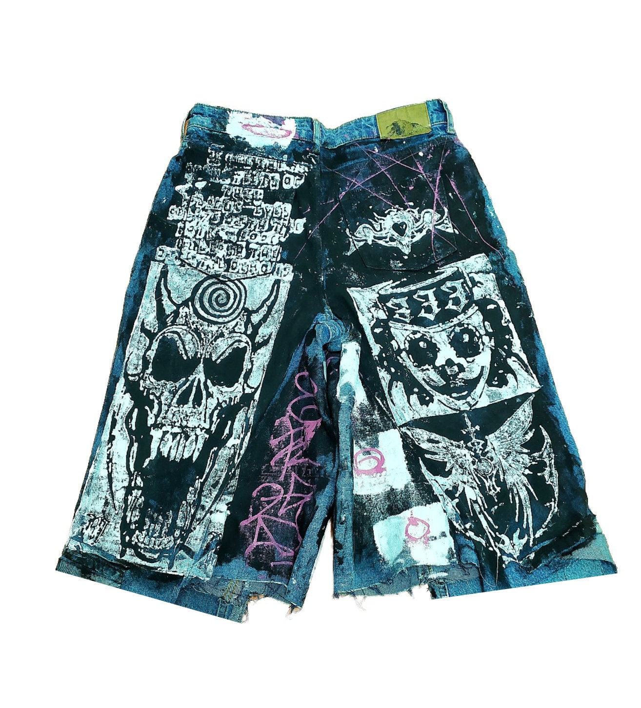 29" Baggy Unique Shorts Handmade Custom punk rock goth emo metal cyber dark tribal symbol graphic cool rave fantasy festival jeans jorts