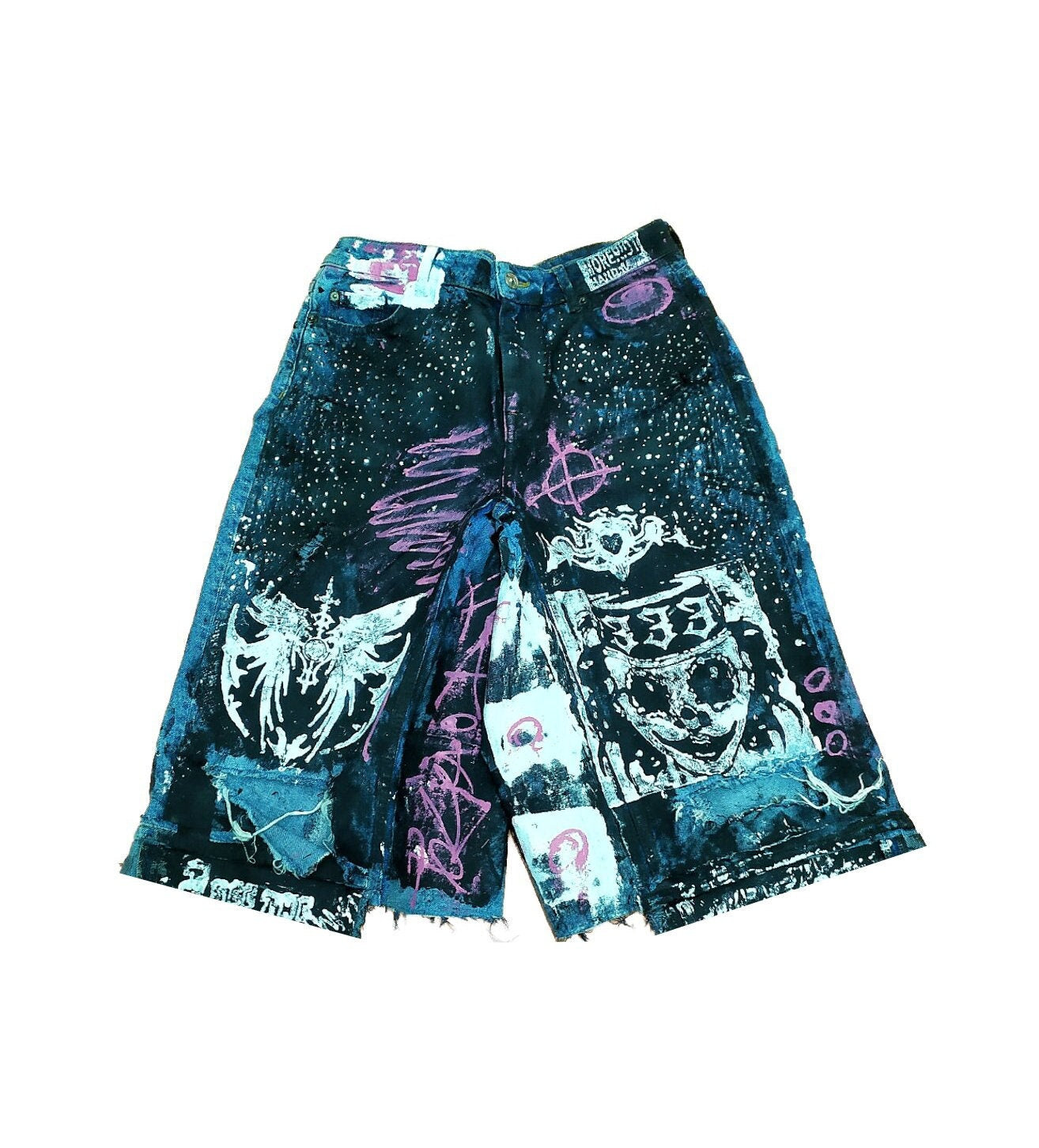 29" Baggy Unique Shorts Handmade Custom punk rock goth emo metal cyber dark tribal symbol graphic cool rave fantasy festival jeans jorts