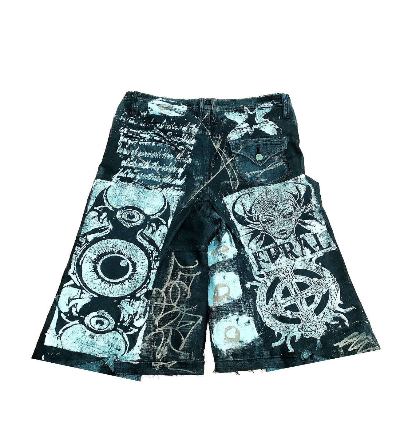 33" Baggy Unique Shorts Handmade Custom punk rock goth emo metal cyber dark tribal symbol graphic cool rave fantasy festival jeans jorts