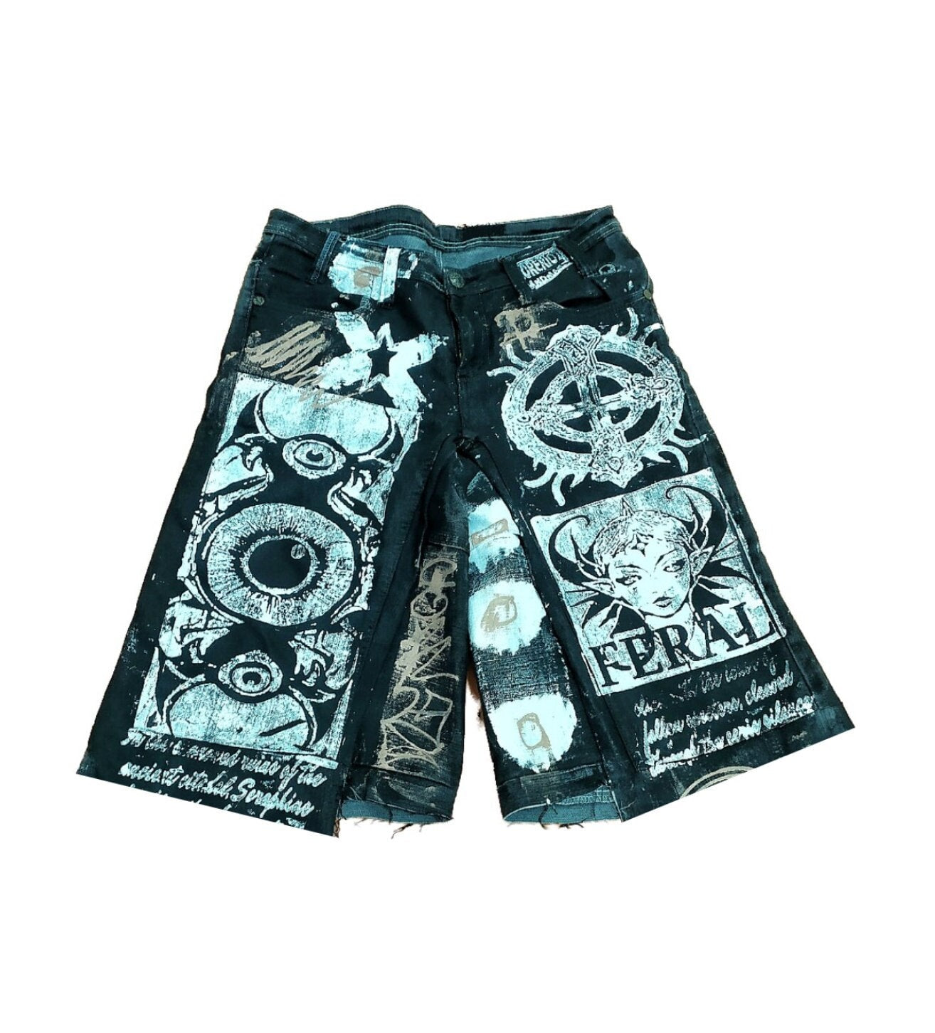 33" Baggy Unique Shorts Handmade Custom punk rock goth emo metal cyber dark tribal symbol graphic cool rave fantasy festival jeans jorts