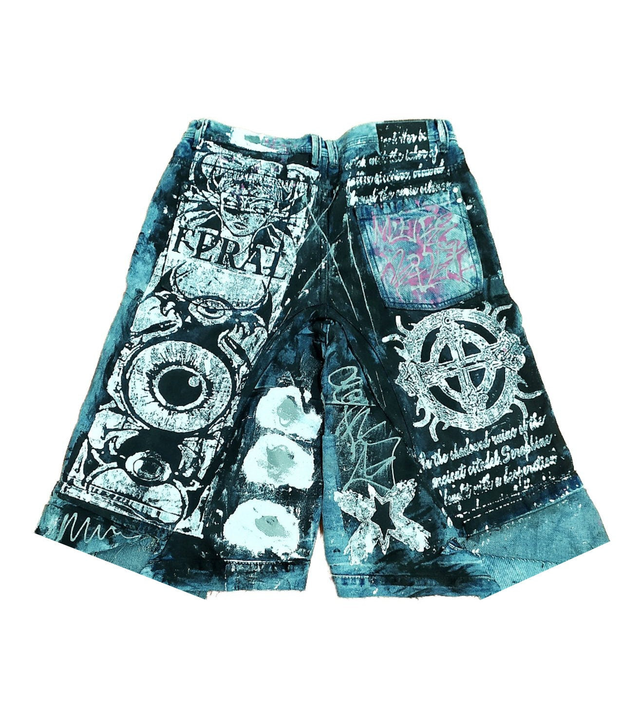 35" Baggy Unique Shorts Handmade Custom punk rock goth emo metal cyber dark tribal symbol graphic cool rave fantasy festival jeans jorts