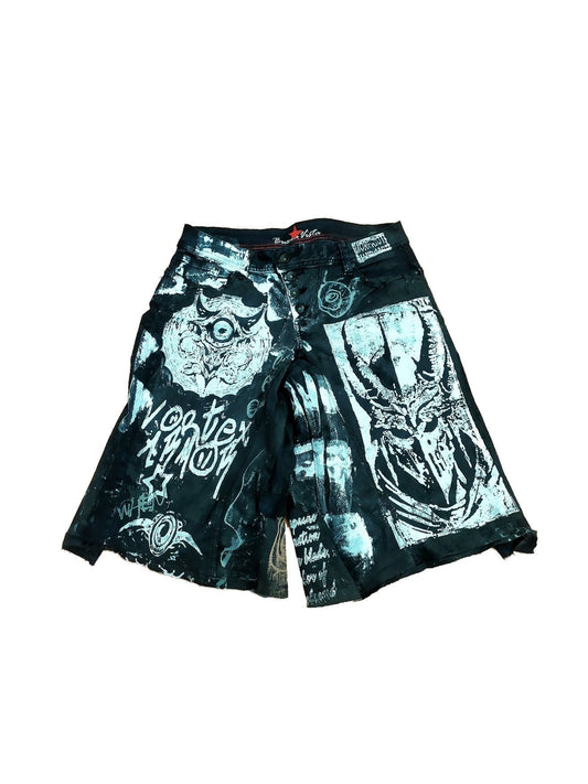 33" Baggy Unique Shorts Handmade Custom punk rock goth emo metal cyber dark tribal symbol graphic cool rave fantasy festival jeans jorts