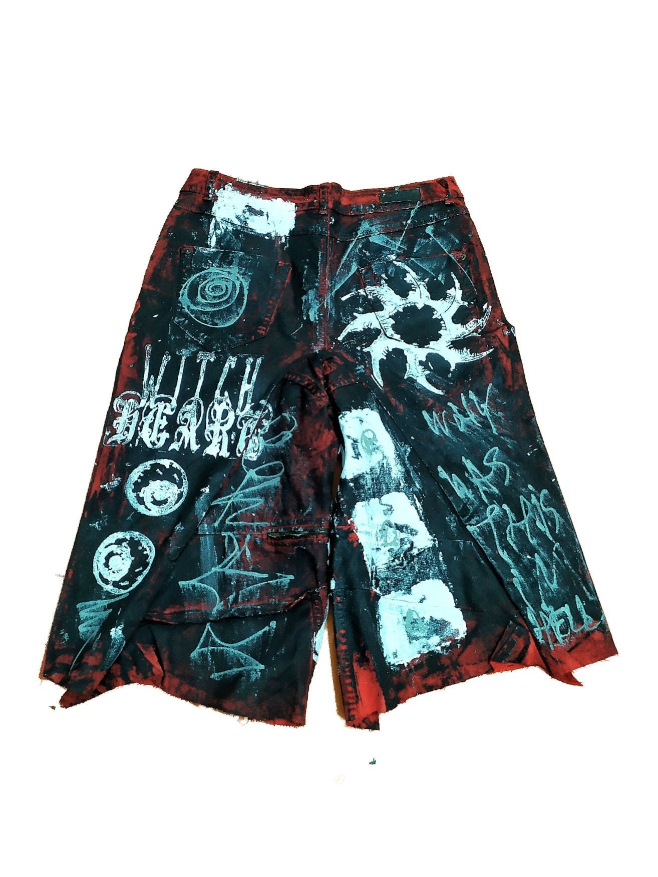 26" Baggy Unique Shorts Handmade Custom punk rock goth emo metal cyber dark tribal symbol graphic cool rave fantasy festival jeans jorts