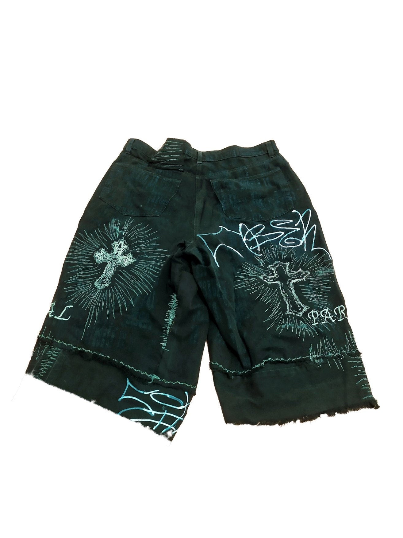 32" Baggy Unique Shorts Handmade Custom punk rock goth emo metal cyber dark tribal symbol graphic cool rave fantasy festival jeans jorts