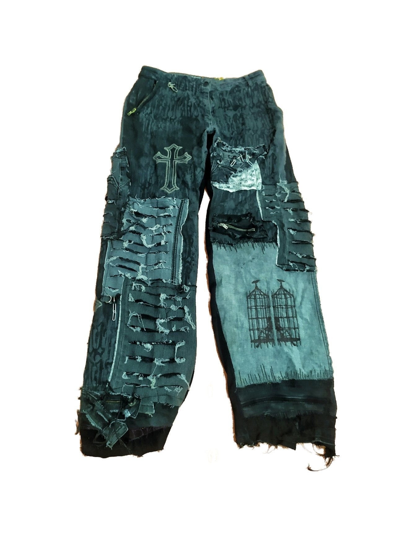 30" Unique Handmade Jeans Custom punk rock goth emo metal cyber dark tribal symbol graphic print crust cool rave fantasy festival y2k