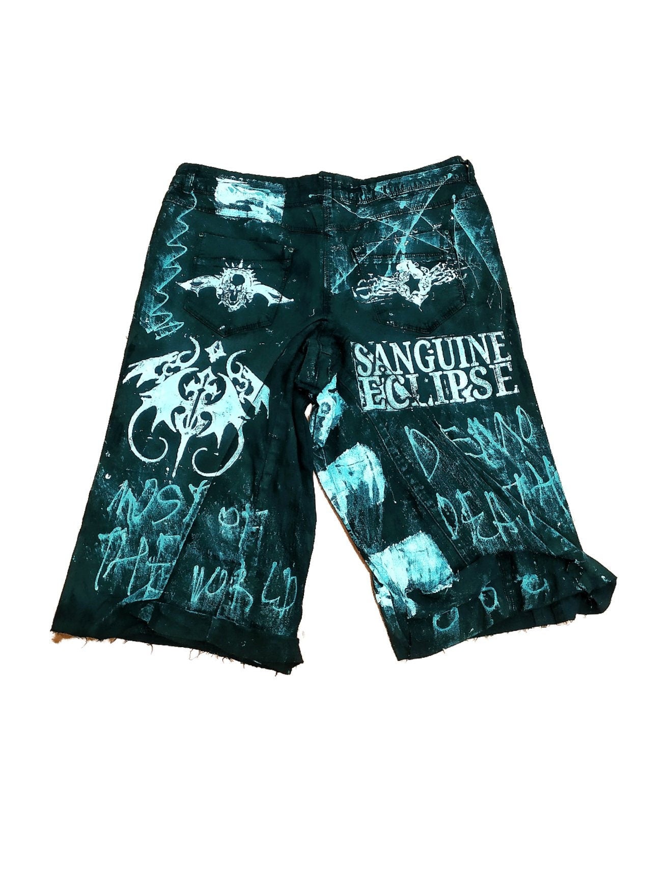 30" Baggy Unique Shorts Handmade Custom punk rock goth emo metal cyber dark tribal symbol graphic cool rave fantasy festival jeans jorts