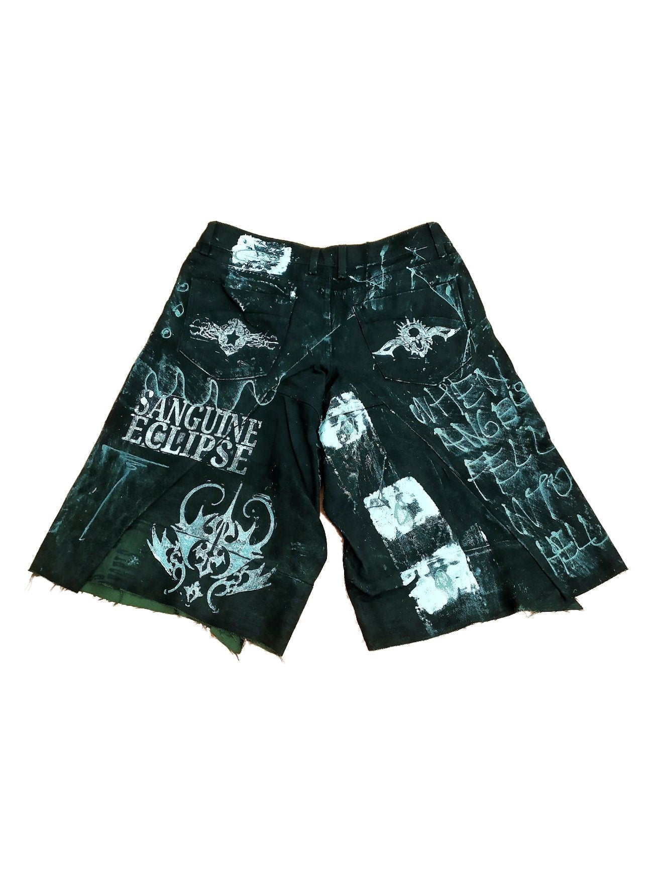 32" Baggy Unique Shorts Handmade Custom punk rock goth emo metal cyber dark tribal symbol graphic cool rave fantasy festival jeans jorts