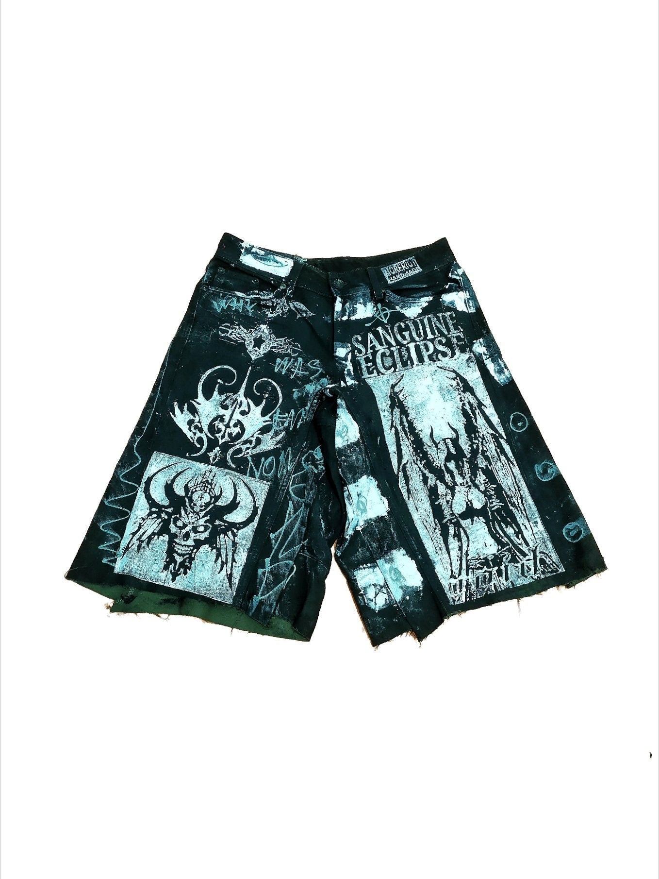 32" Baggy Unique Shorts Handmade Custom punk rock goth emo metal cyber dark tribal symbol graphic cool rave fantasy festival jeans jorts