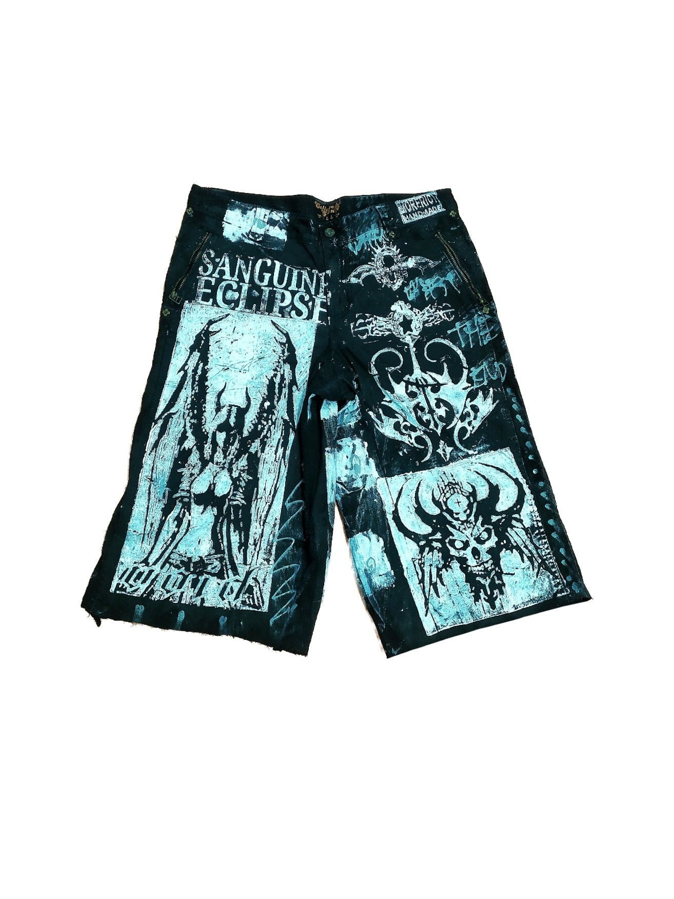 31" Baggy Unique Shorts Handmade Custom punk rock goth emo metal cyber dark tribal symbol graphic cool rave fantasy festival jeans jorts