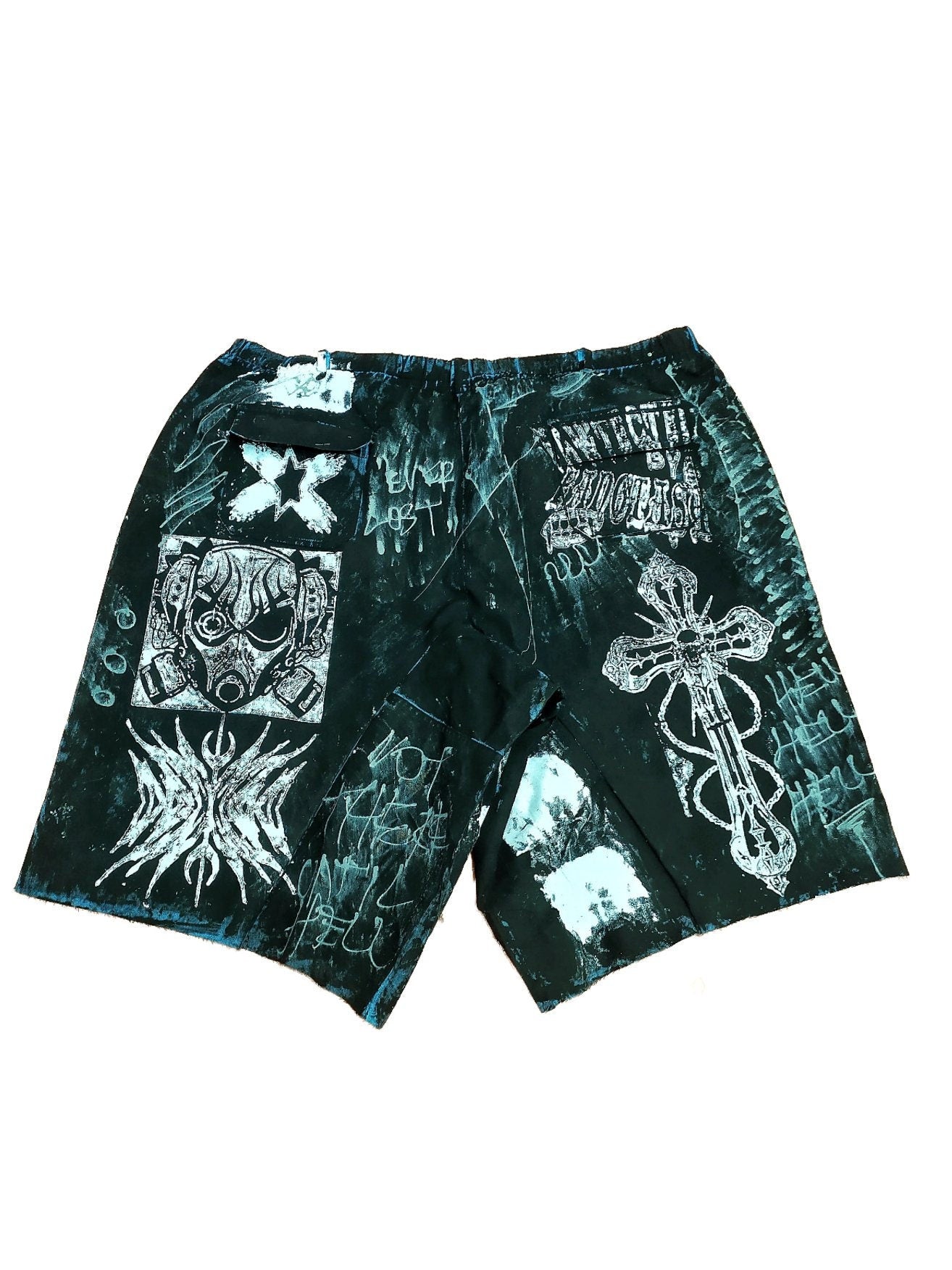 43" Baggy Unique Shorts Handmade Custom punk rock goth emo metal cyber dark tribal symbol graphic cool rave fantasy festival jeans jorts