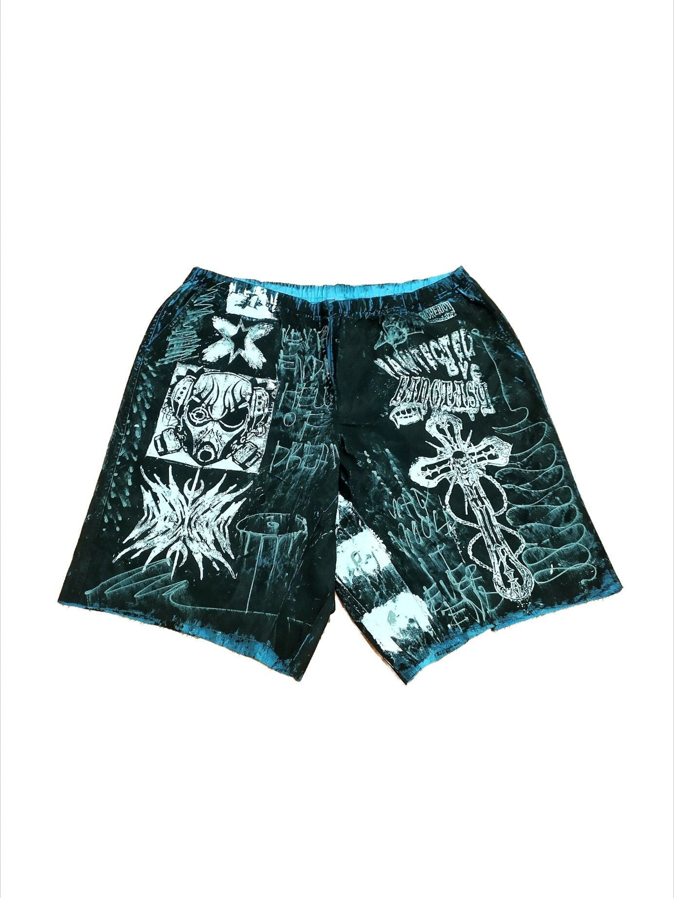 43" Baggy Unique Shorts Handmade Custom punk rock goth emo metal cyber dark tribal symbol graphic cool rave fantasy festival jeans jorts