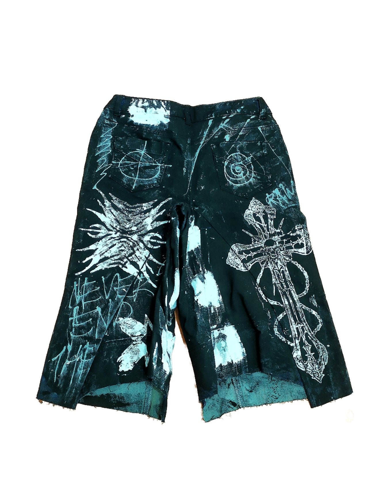 28" Baggy Unique Shorts Handmade Custom punk rock goth emo metal cyber dark tribal symbol graphic cool rave fantasy festival jeans jorts