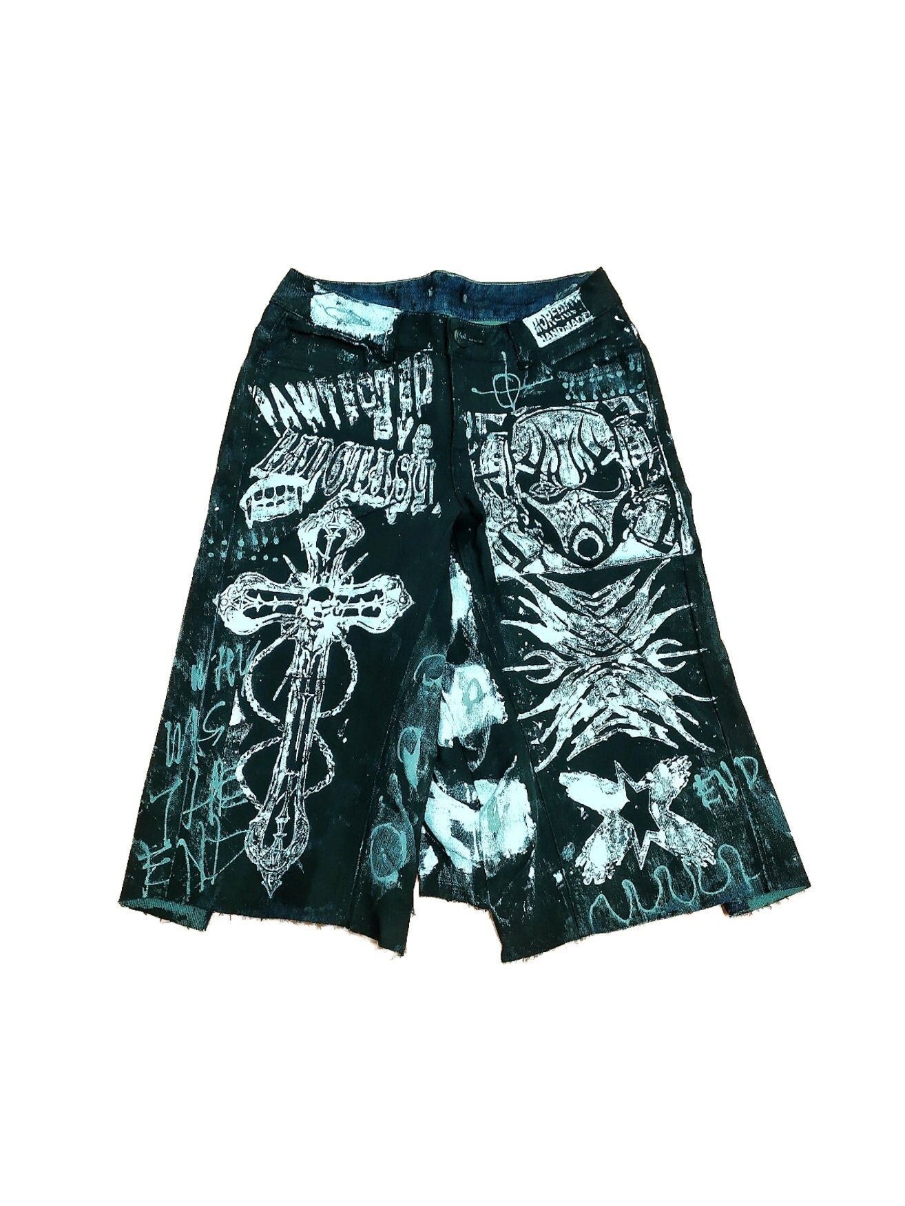 28" Baggy Unique Shorts Handmade Custom punk rock goth emo metal cyber dark tribal symbol graphic cool rave fantasy festival jeans jorts