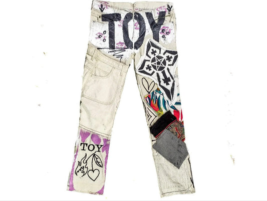 34" Unique Handmade Jeans Custom scene rave punk rock goth emo metal cyberpunk tribal symbol graphic print crust cool fantasy festival y2k