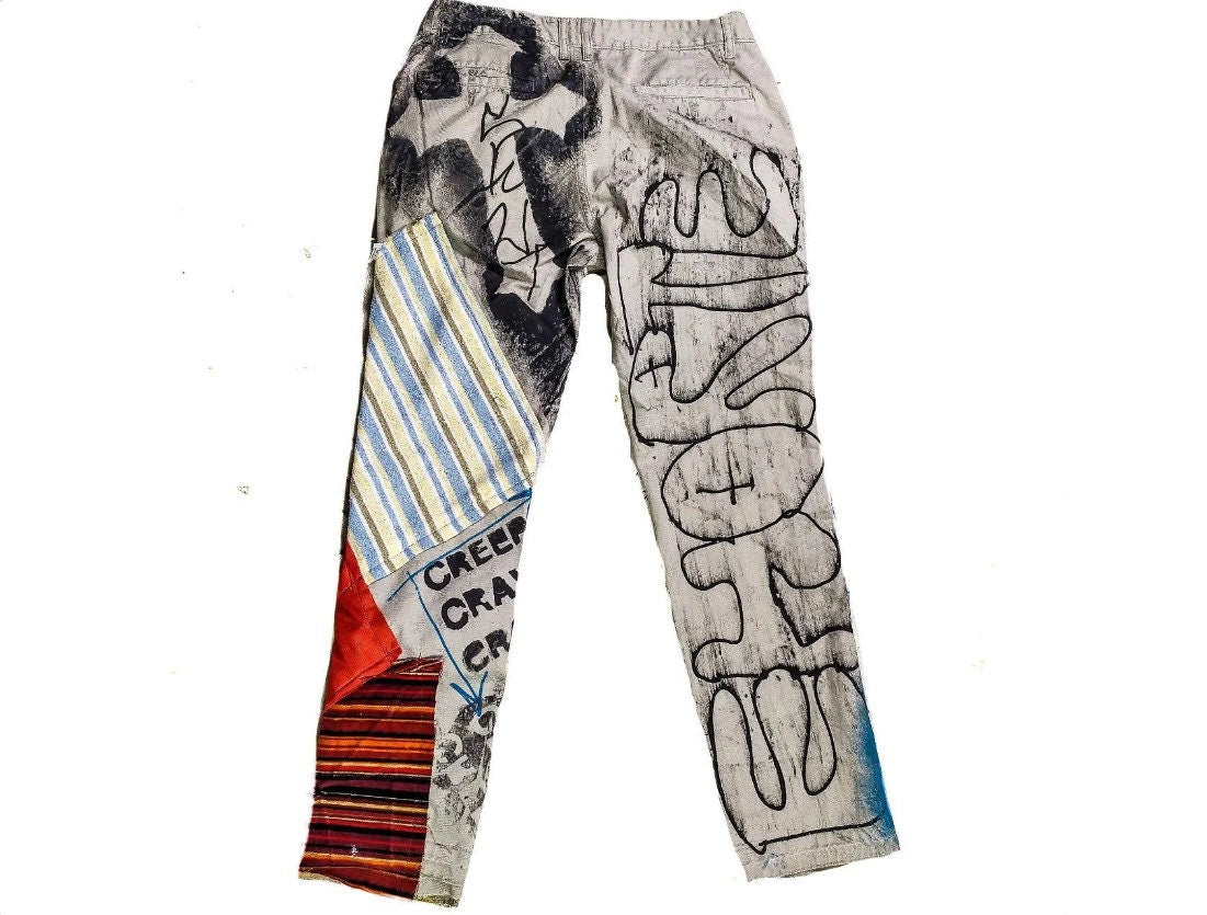 32" Unique Handmade Jeans Custom scene rave punk rock goth emo metal cyberpunk tribal symbol graphic print crust cool fantasy festival y2k