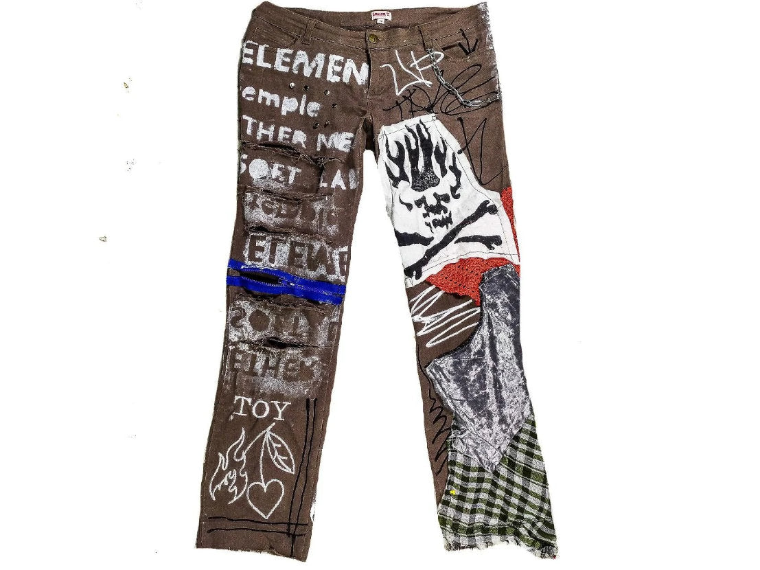 33" Unique Handmade Jeans Custom scene rave punk rock goth emo metal cyberpunk tribal symbol graphic print crust cool fantasy festival y2k