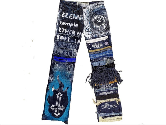 31" Unique Handmade Jeans Custom scene rave punk rock goth emo metal cyberpunk tribal symbol graphic print crust cool fantasy festival y2k