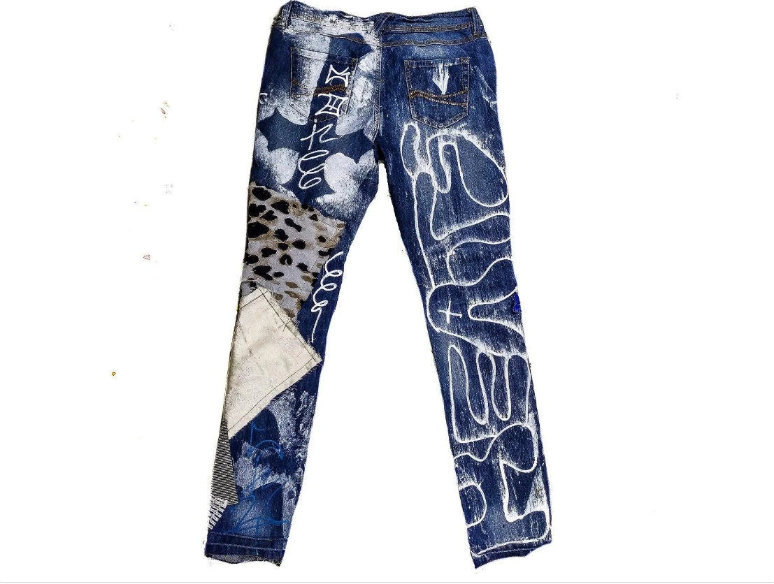 30" Unique Handmade Jeans Custom scene rave punk rock goth emo metal cyberpunk tribal symbol graphic print crust cool fantasy festival y2k