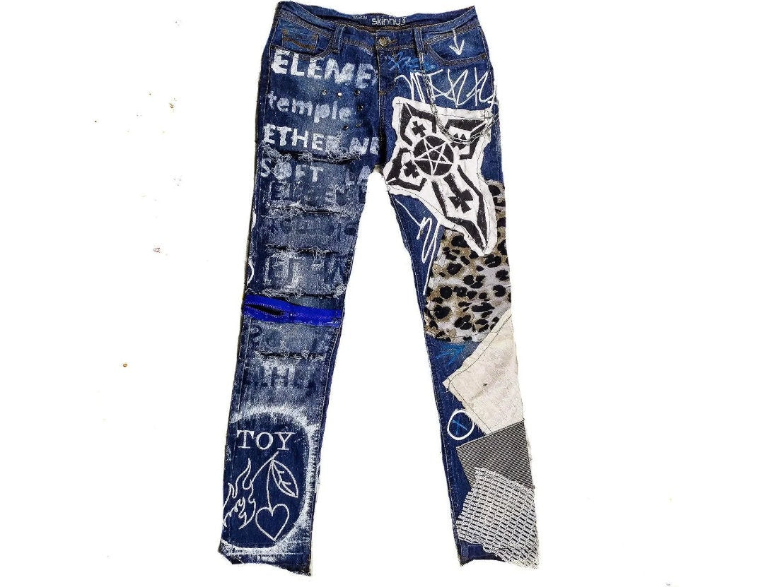 30" Unique Handmade Jeans Custom scene rave punk rock goth emo metal cyberpunk tribal symbol graphic print crust cool fantasy festival y2k