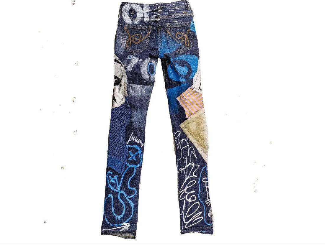 25" Unique Handmade Jeans Custom scene rave punk rock goth emo metal cyberpunk tribal symbol graphic print crust cool fantasy festival y2k