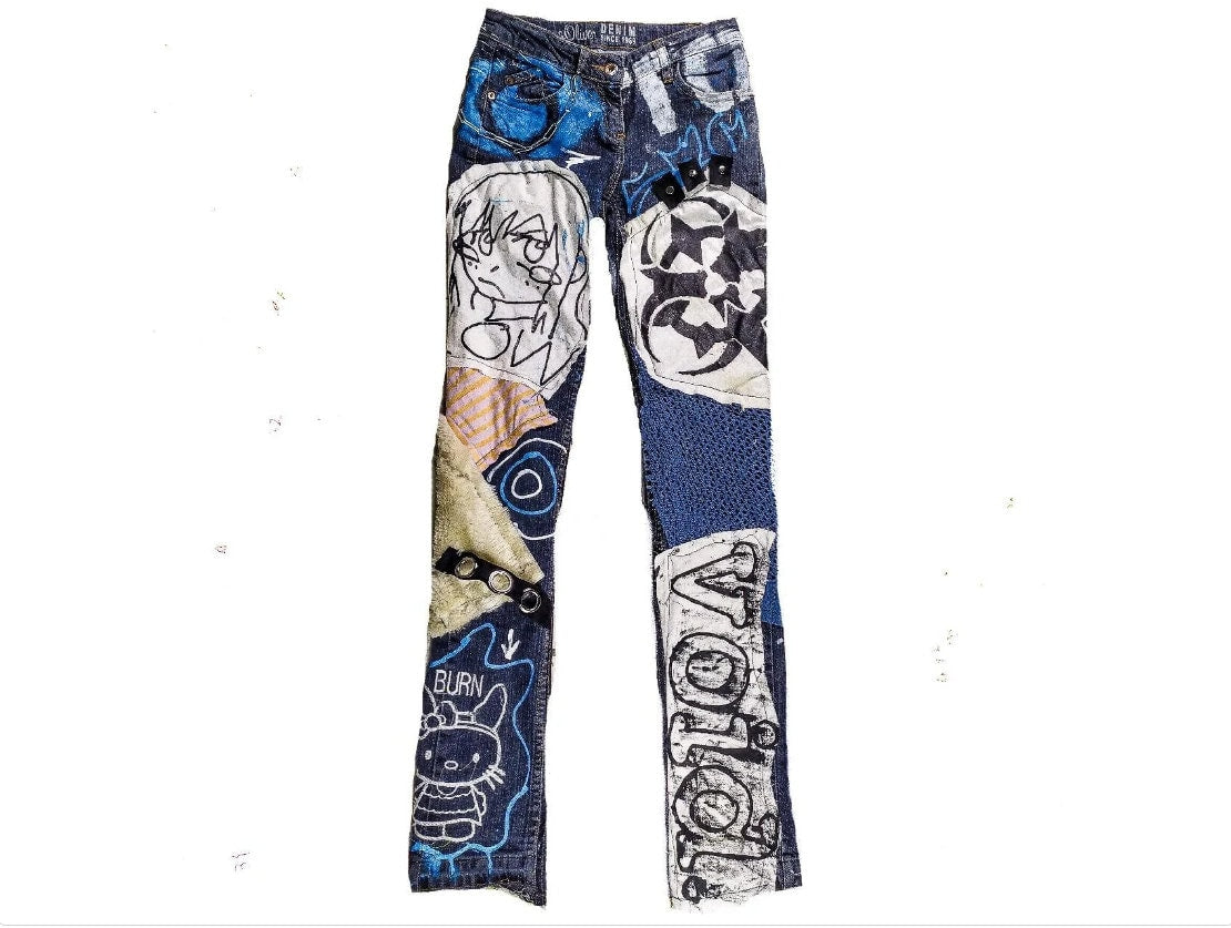 25" Unique Handmade Jeans Custom scene rave punk rock goth emo metal cyberpunk tribal symbol graphic print crust cool fantasy festival y2k