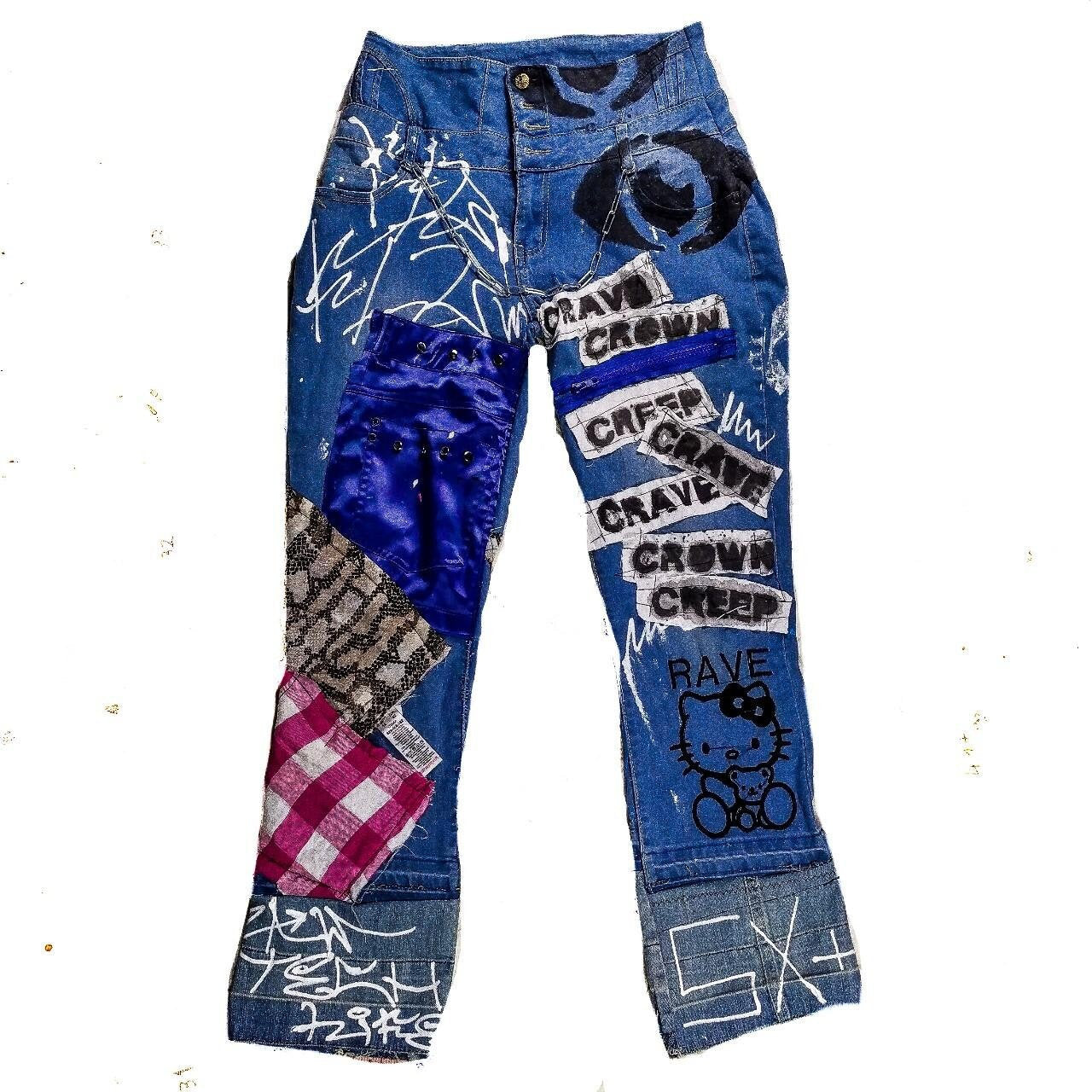 29" Unique Handmade Jeans Custom scene rave punk rock goth emo metal cyberpunk tribal symbol graphic print crust cool fantasy festival y2k