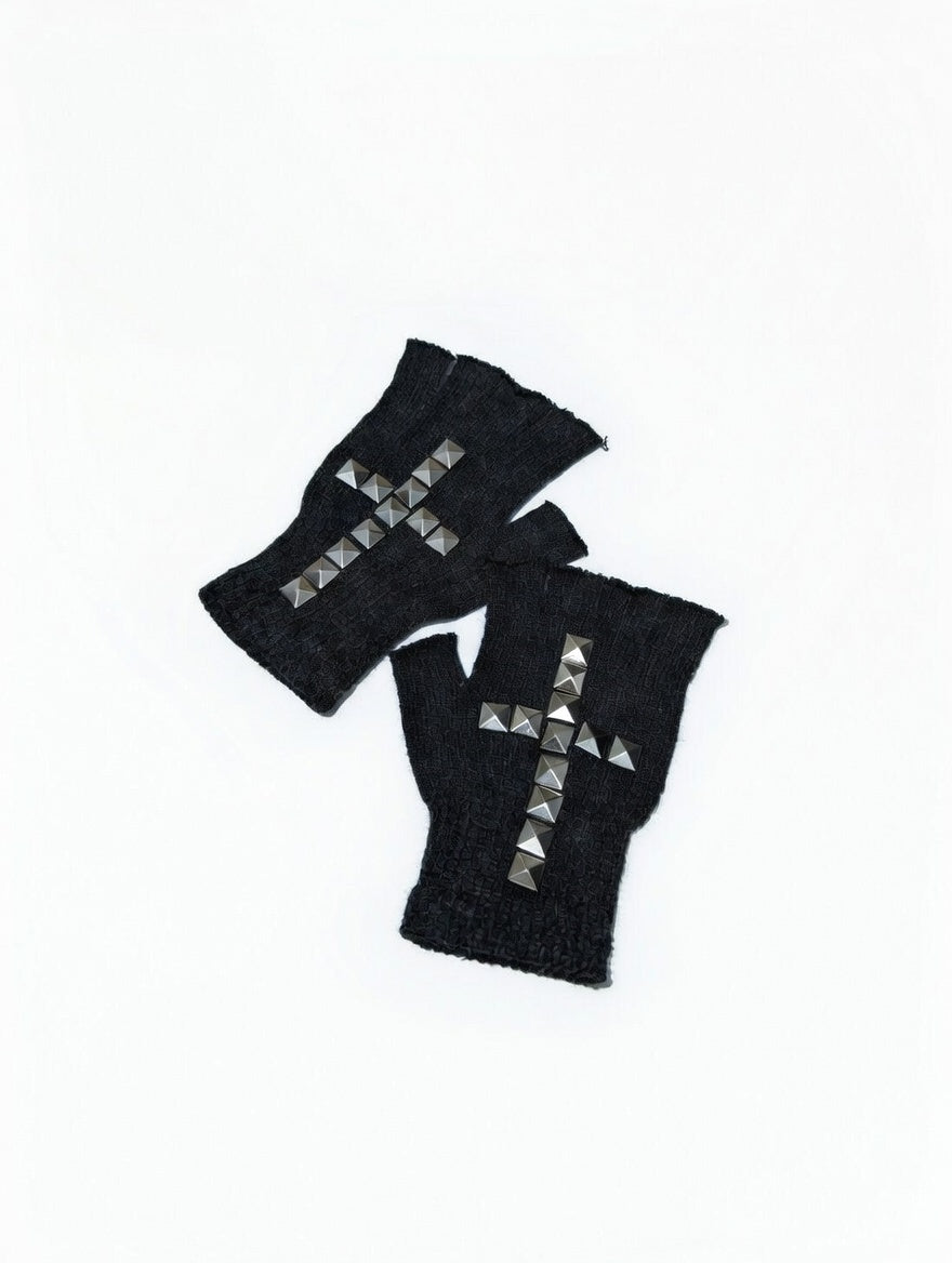 Black studded fingerless gloves, pyramid spikes cross pattern, gothic punk knit arm warmers