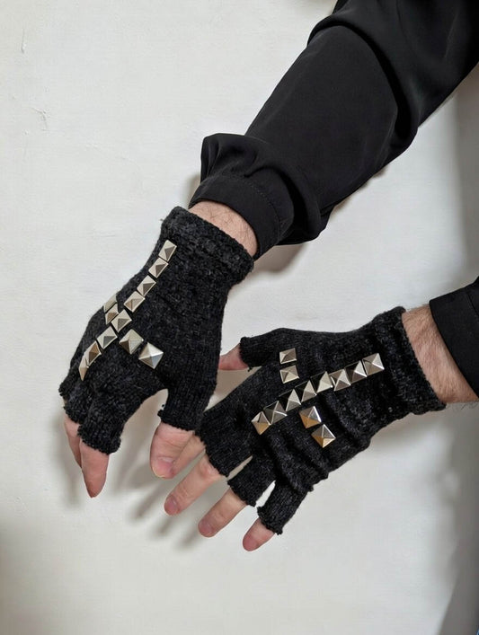 Black studded fingerless gloves, pyramid spikes cross pattern, gothic punk knit arm warmers