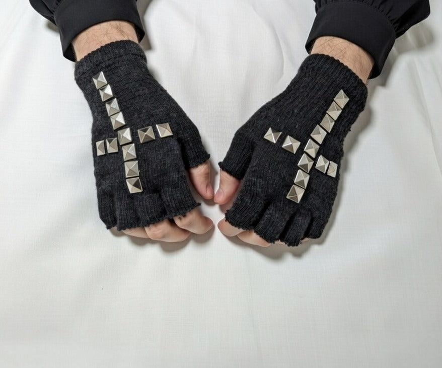 Black studded fingerless gloves, pyramid spikes cross pattern, gothic punk knit arm warmers