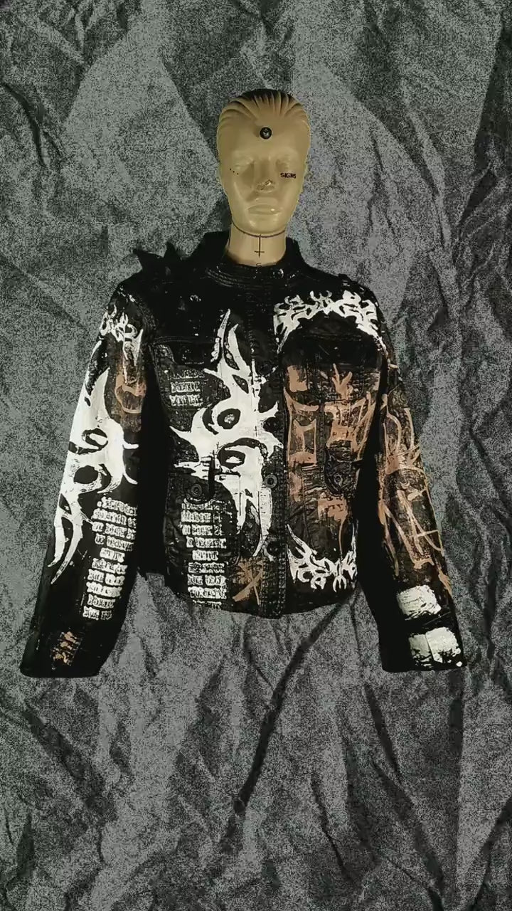 L-XL Unique handmade hooded custom flames punk goth fantasy emo studs rave festival spikes rockstar cross apocalyptic cool denim jacket