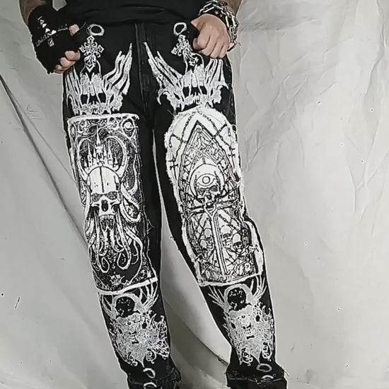 Custom handmade print skull punk rock illustration goth metal emo dark abstract patchwork streetwear designer 1of1 fantasy jeans