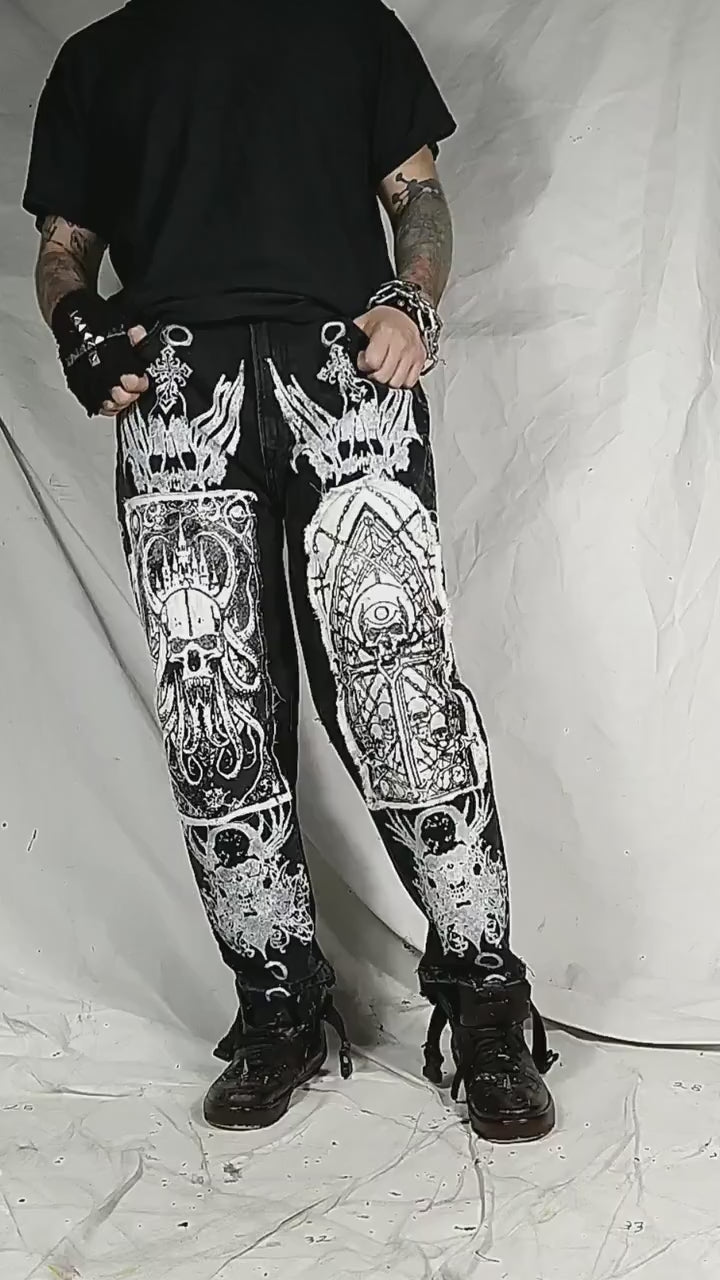 Custom handmade print skull punk rock illustration goth metal emo dark abstract patchwork streetwear designer 1of1 fantasy jeans