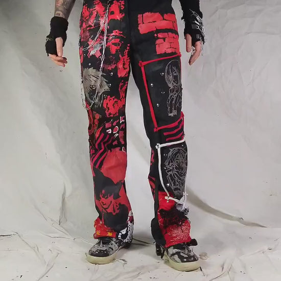 Custom handmade anime embroidery pants with chains, rivets, studs, punk, techwear, streetwear goth punk emo rock metal crust festival cyber