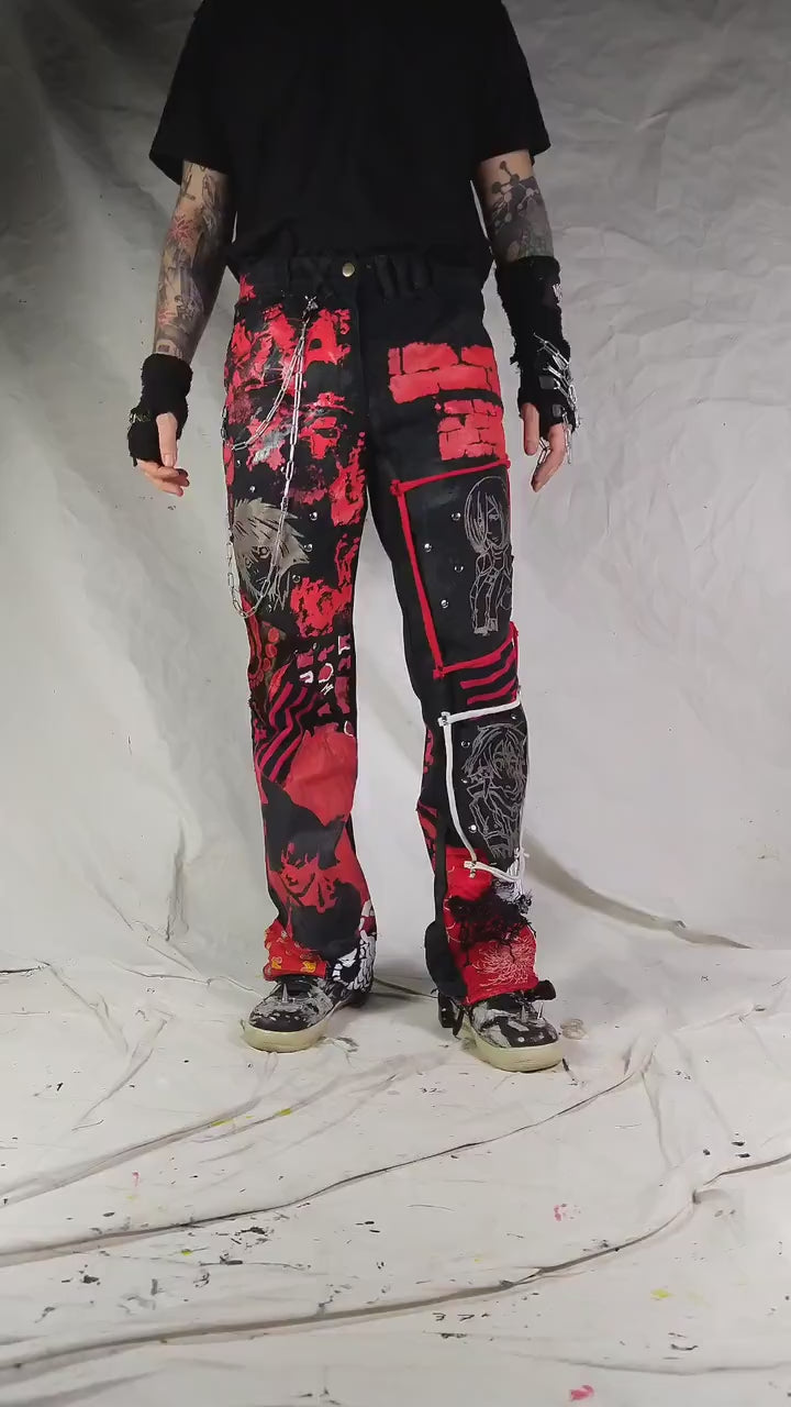 Custom handmade anime embroidery pants with chains, rivets, studs, punk, techwear, streetwear goth punk emo rock metal crust festival cyber