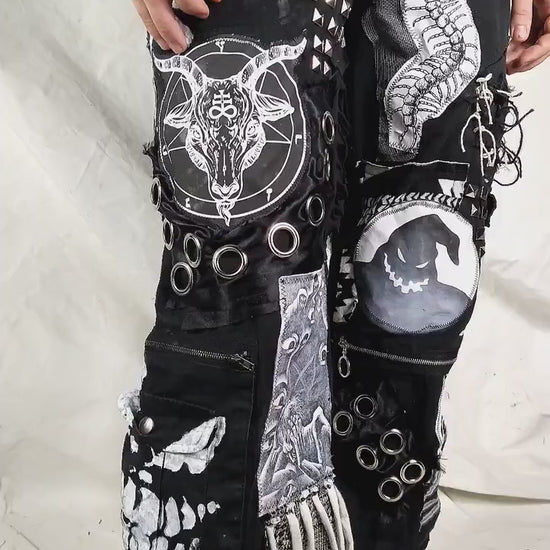 Custom handmade punk rock goth emo metal black dark satanic patchworked alternative streetwear crust festival  pants vegan cyber