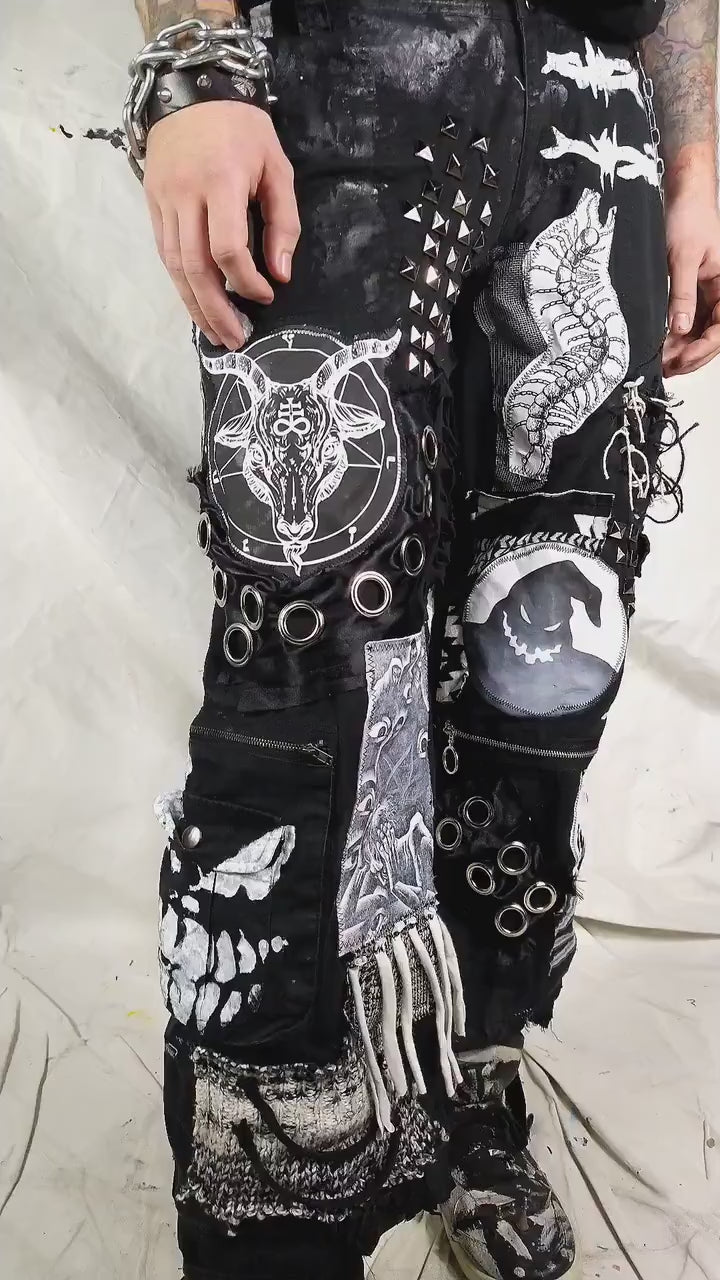 Custom handmade punk rock goth emo metal black dark satanic patchworked alternative streetwear crust festival  pants vegan cyber