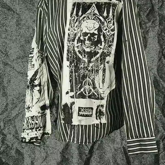 S Unique handmade shirt custom patches punk goth fantasy emo alt rave festival striped skull cyberpunk cool baggy art tribaloversized