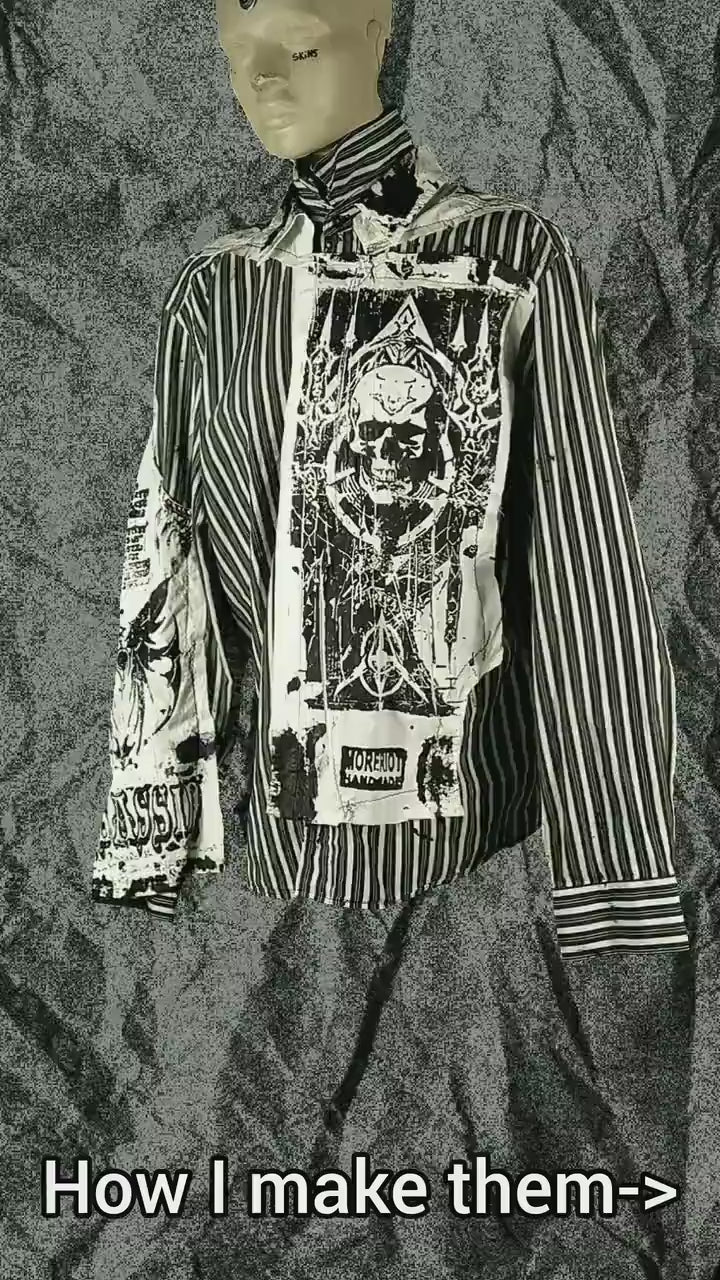 S Unique handmade shirt custom patches punk goth fantasy emo alt rave festival striped skull cyberpunk cool baggy art tribaloversized