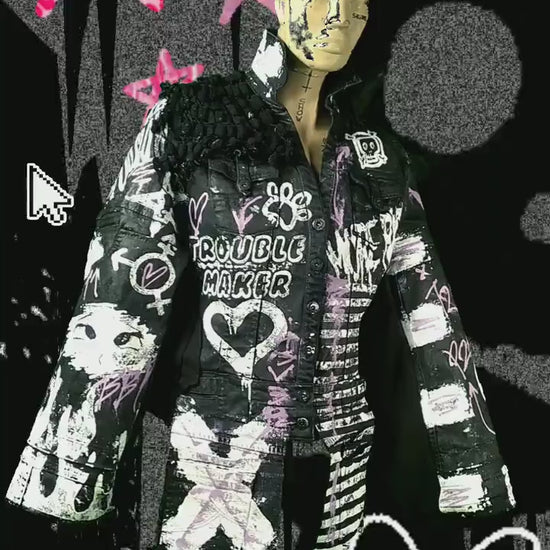 XL Unique handmade emo y2k custom punk goth fantasy fire queer rave festival star y2k skull anime girl cool alt patch spikes pride jacket