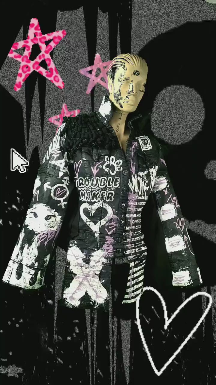 XL Unique handmade emo y2k custom punk goth fantasy fire queer rave festival star y2k skull anime girl cool alt patch spikes pride jacket